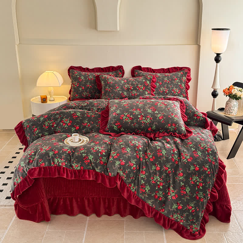 Linge de lit vintage en velours à motifs de roses et à volants - image 1