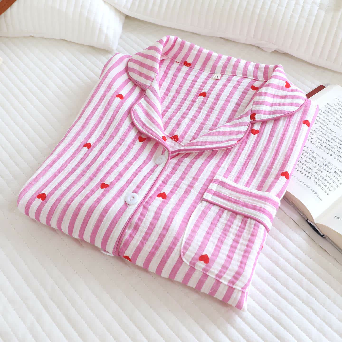 Ensemble pyjama en gaze de coton à rayures et à motifs de cœurs - image 7