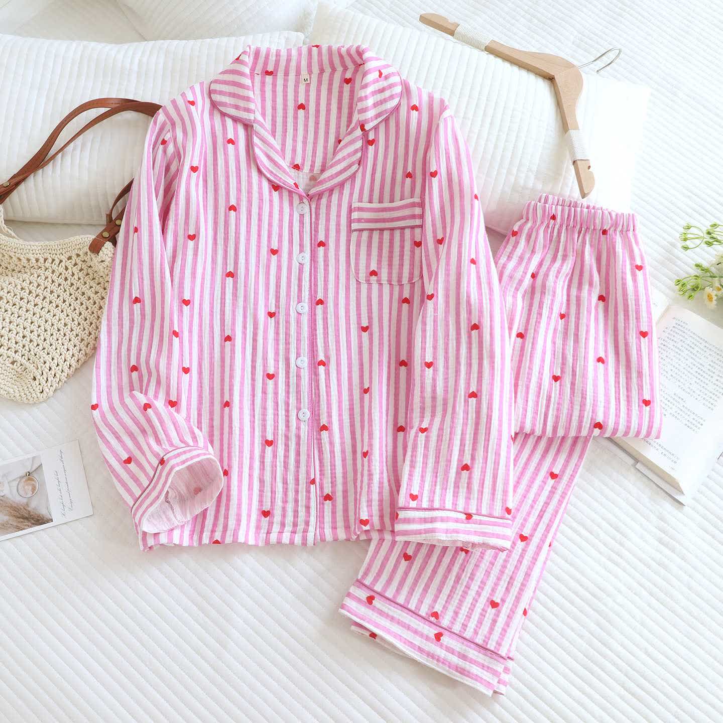 Ensemble pyjama en gaze de coton à rayures et à motifs de cœurs - Rose - XL - image 5