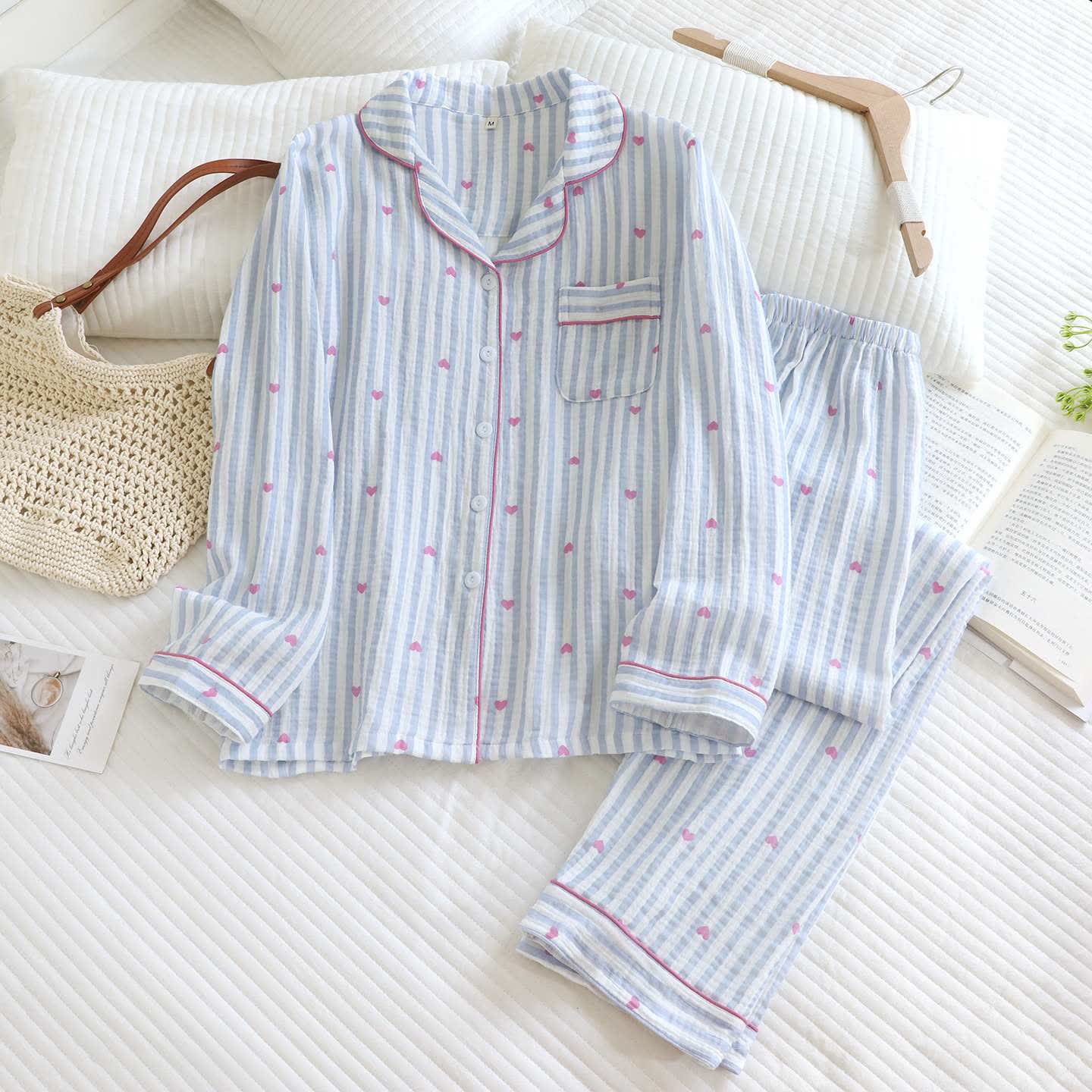 Ensemble pyjama en gaze de coton à rayures et à motifs de cœurs - Bleu - XL - image 3