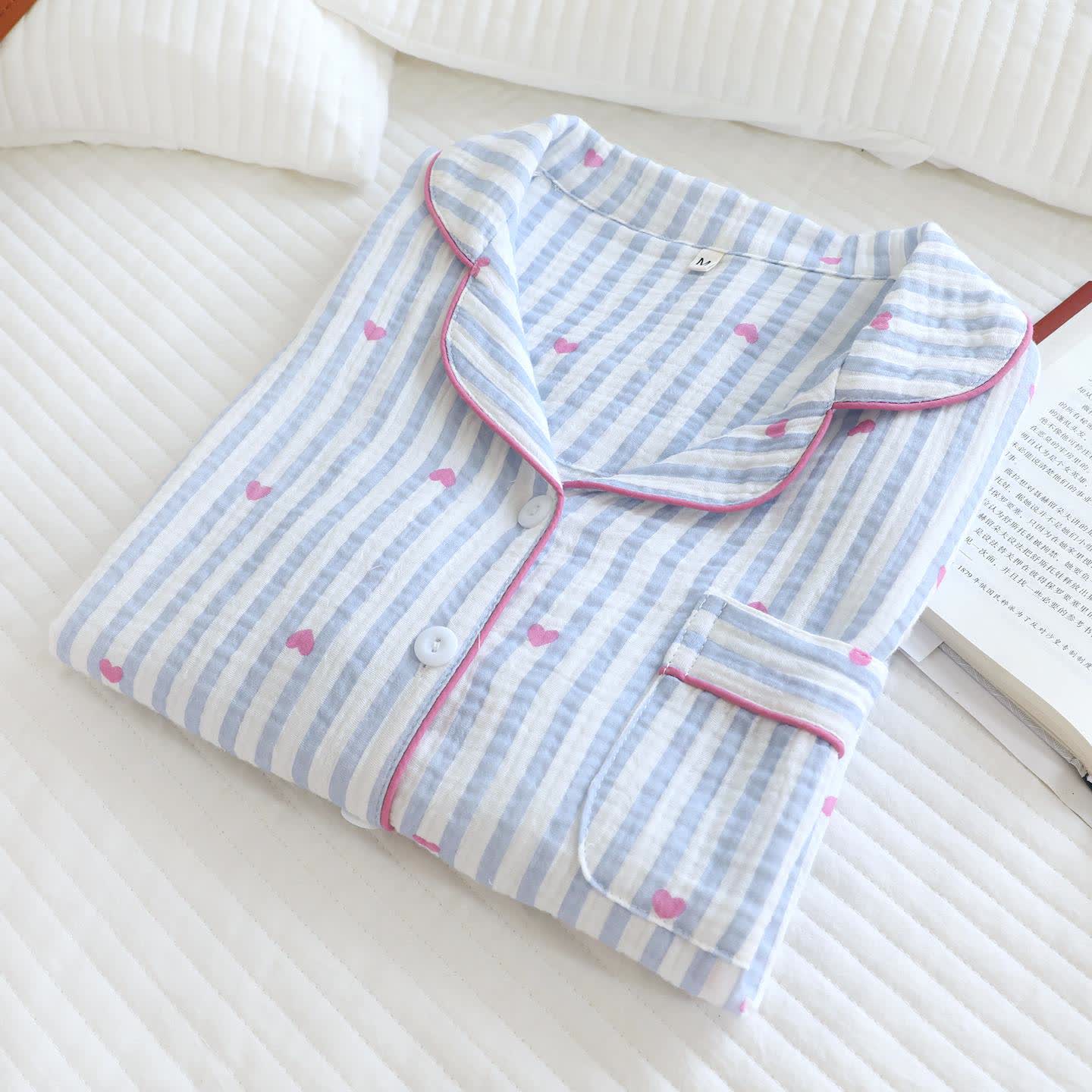 Ensemble pyjama en gaze de coton à rayures et à motifs de cœurs - image 4