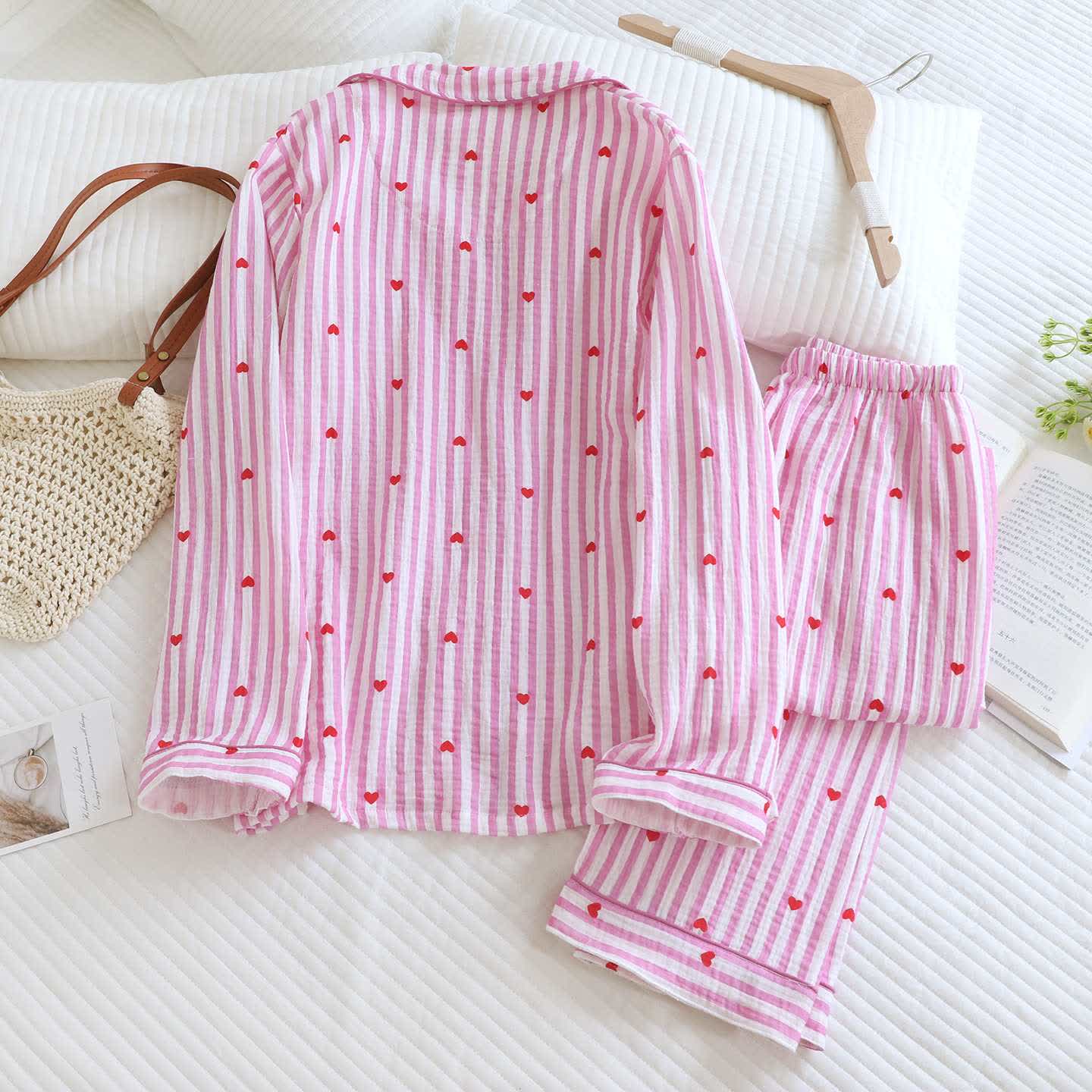 Ensemble pyjama en gaze de coton à rayures et à motifs de cœurs - image 6