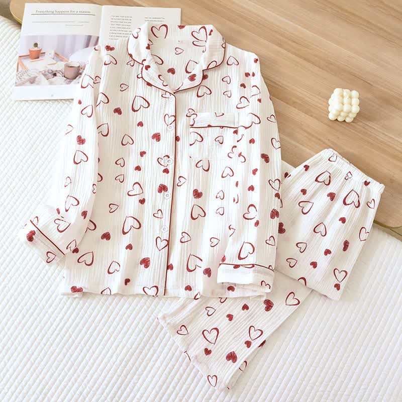 Ensemble pyjama en gaze de coton à motif cœur - Blanc - XL - image 0
