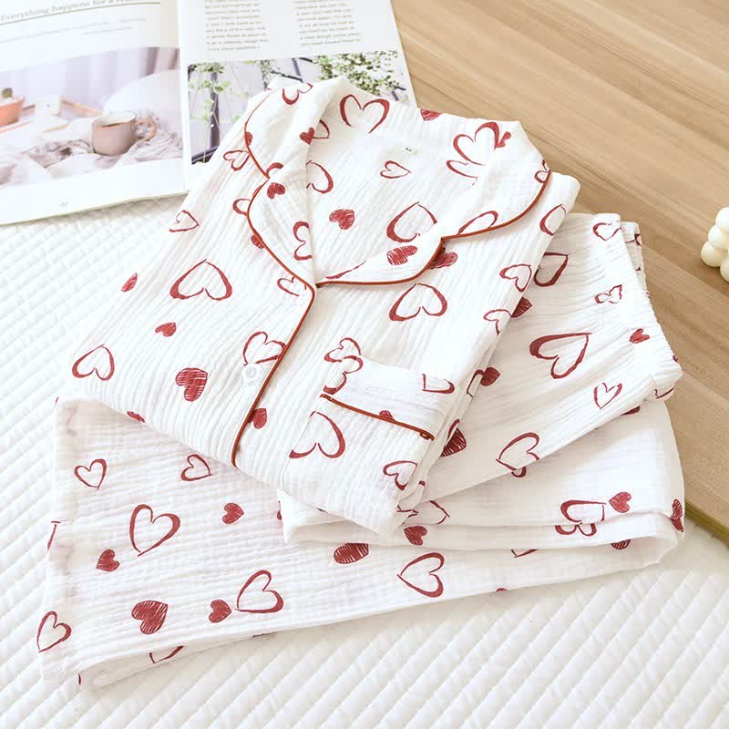 Ensemble pyjama en gaze de coton à motif cœur - image 3