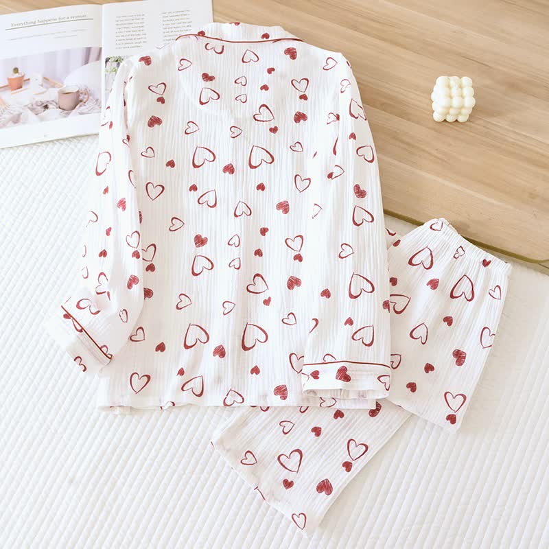 Ensemble pyjama en gaze de coton à motif cœur - image 1