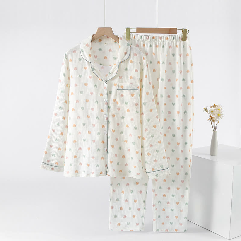 Ensemble pyjama à cœurs colorés en gaze de coton - Blanc - XL - image 0