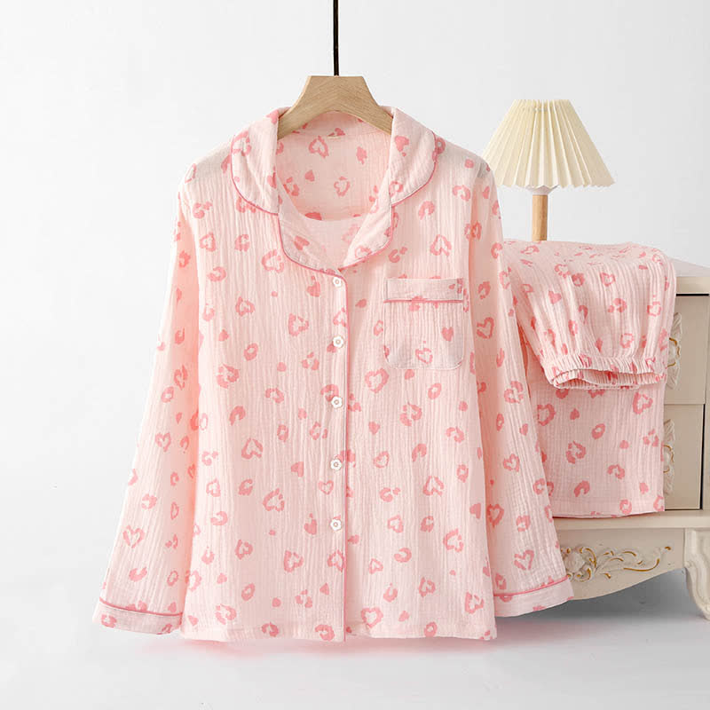 Ensemble pyjama en coton à imprimé cœur et léopard - Rose - XL - image 0