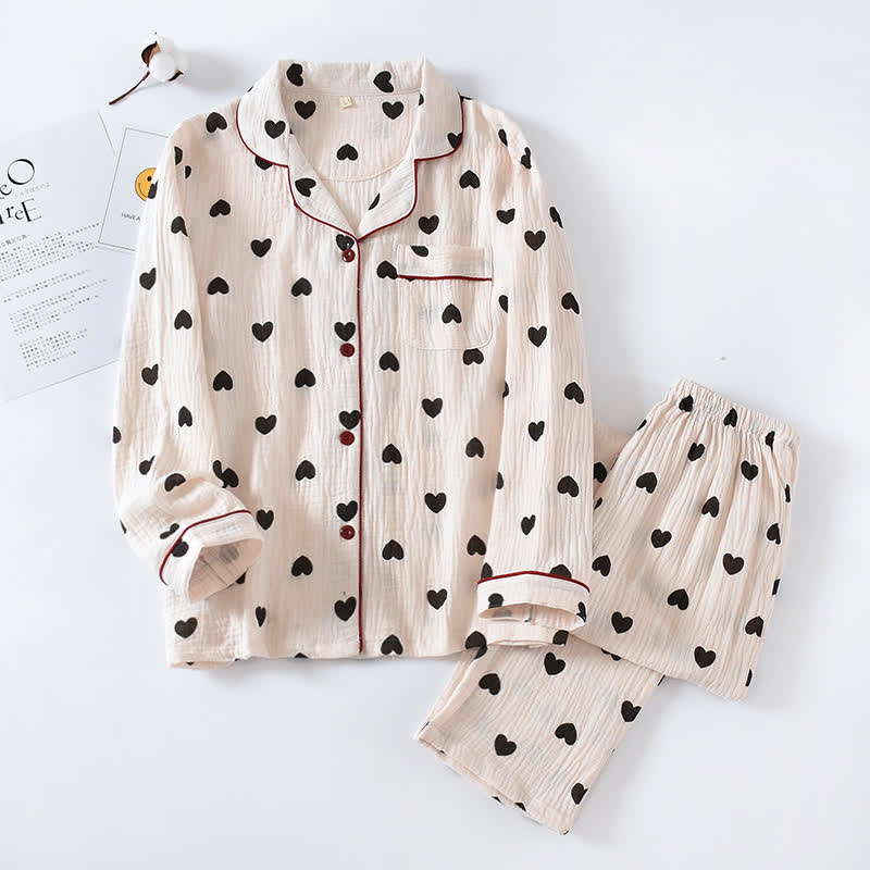 Ensemble pyjama à cœur noir en pur coton - Beige - XL - image 0