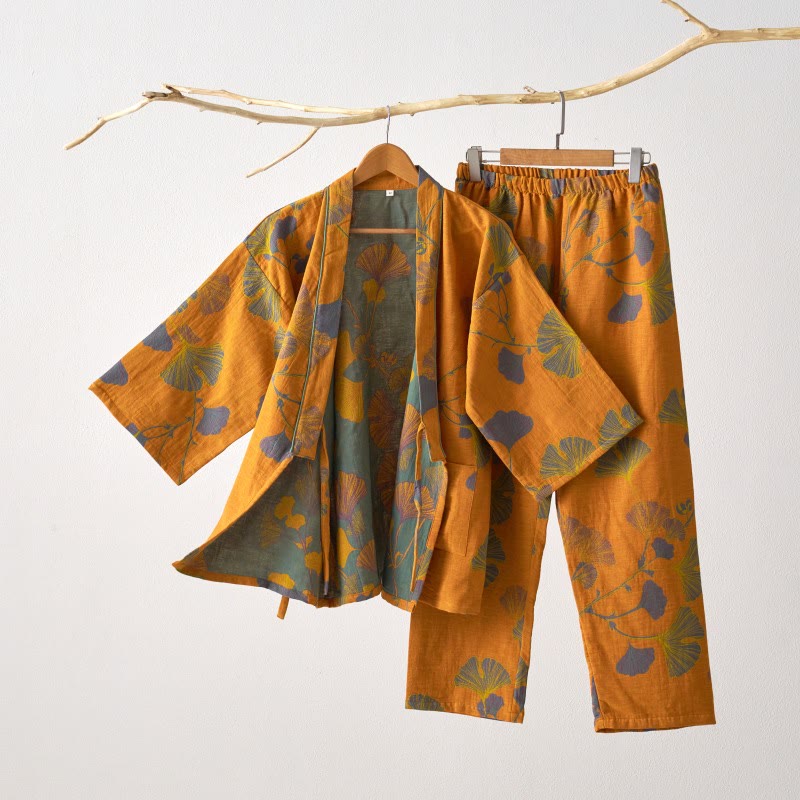 Grand pyjama kimono en coton avec feuilles de ginkgo - Jaune - XL - image 14