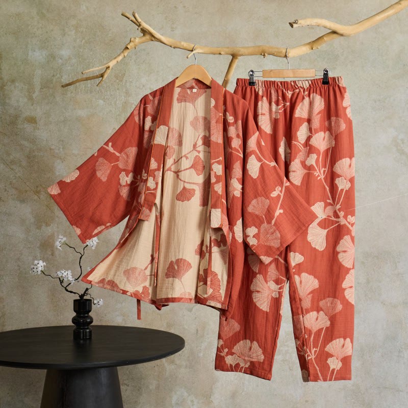 Grand pyjama kimono en coton avec feuilles de ginkgo - Rose - XL - image 11