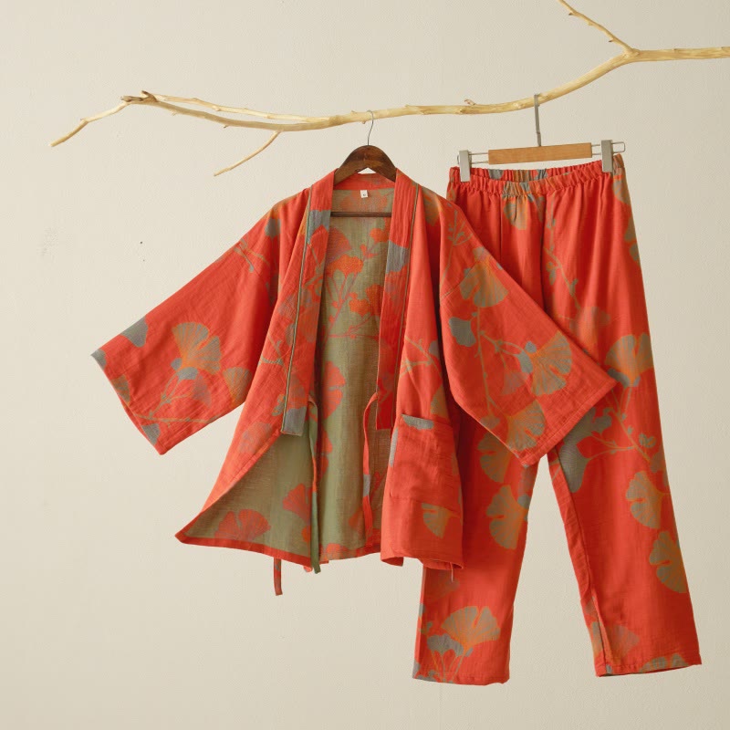 Grand pyjama kimono en coton avec feuilles de ginkgo - Orange - XL - image 12