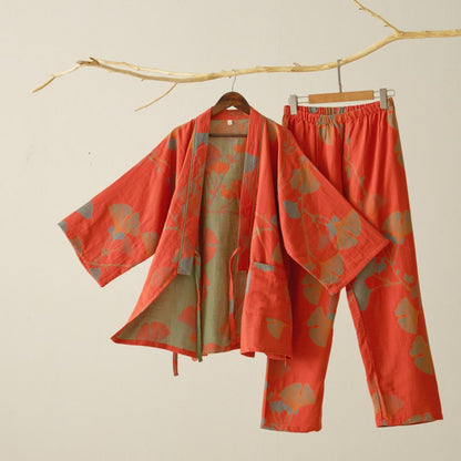 Grand pyjama kimono en coton avec feuilles de ginkgo - Orange - XL - image 12
