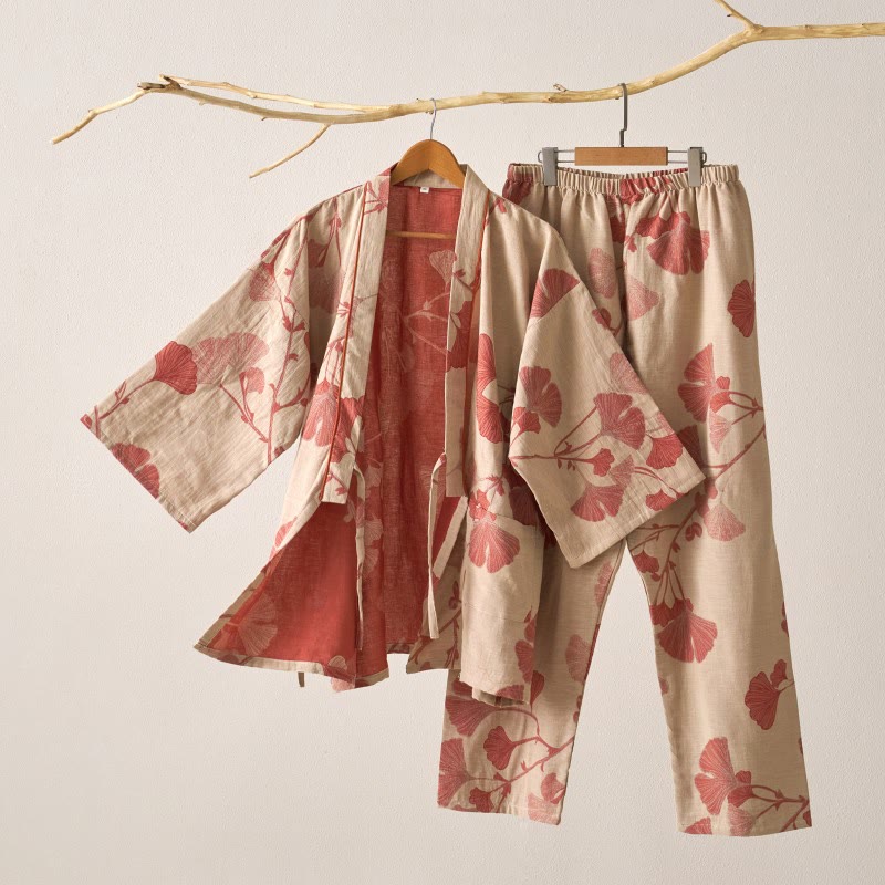 Grand pyjama kimono en coton avec feuilles de ginkgo - Beige et rose - XL - image 4