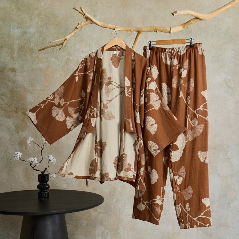 Grand pyjama kimono en coton avec feuilles de ginkgo - Brun - XL - image 13