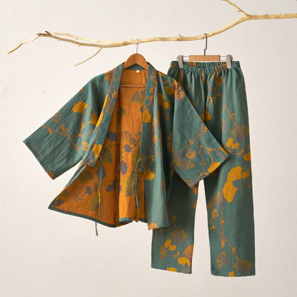 Grand pyjama kimono en coton avec feuilles de ginkgo - Vert et jaune - XL - image 17