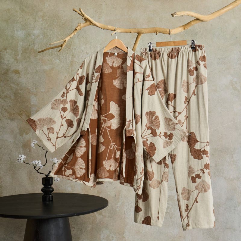 Grand pyjama kimono en coton avec feuilles de ginkgo - Beige - XL - image 16