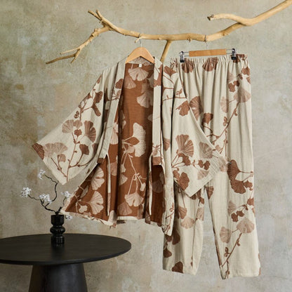 Grand pyjama kimono en coton avec feuilles de ginkgo - Beige - XL - image 16