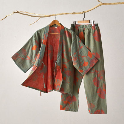 Grand pyjama kimono en coton avec feuilles de ginkgo - image 15