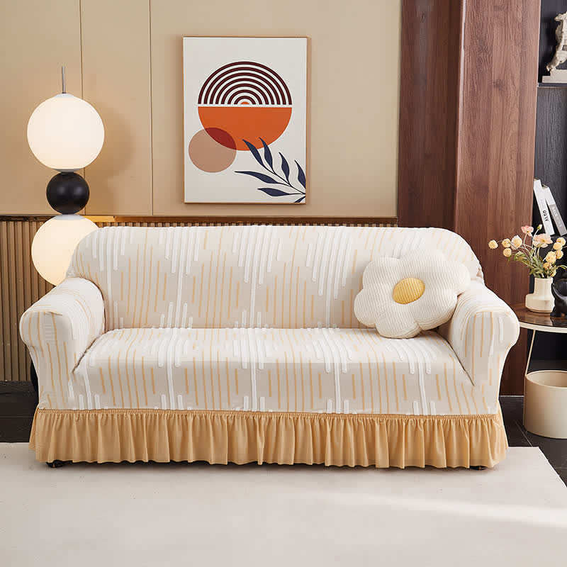 Housse de canapé en jacquard 3D épais avec ourlet volanté - Beige - 4 places 235 cm - 300 cm - image 7