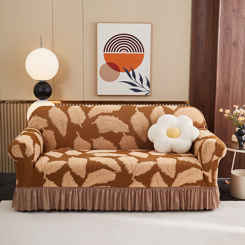 Motif jacquard à feuilles, housse entièrement élastique - Café - 4 places 235 cm - 300 cm - image 0