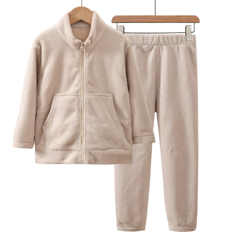 Ensemble pyjama chaud pour enfant, de couleur unie et avec fermeture éclair - Beige - Adulte : 180 cm - image 3