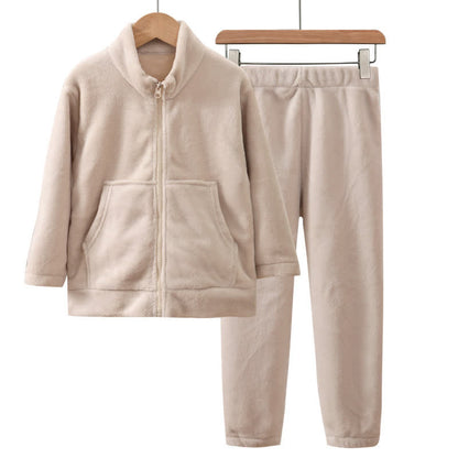 Ensemble pyjama chaud pour enfant, de couleur unie et avec fermeture éclair - Beige - Adulte : 180 cm - image 3
