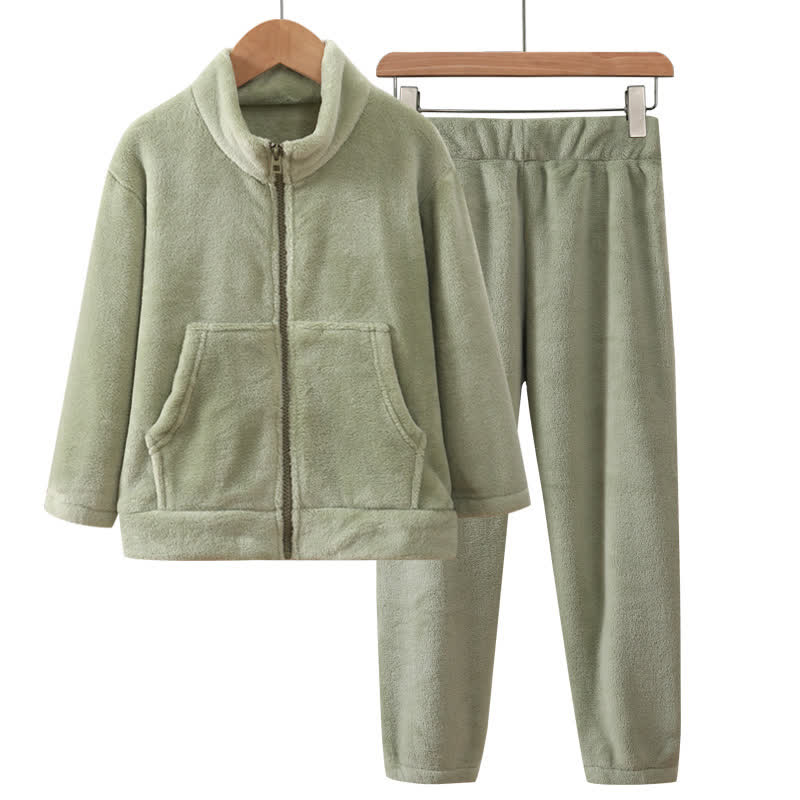 Ensemble pyjama chaud pour enfant, de couleur unie et avec fermeture éclair - Vert - Adulte : 180 cm - image 4