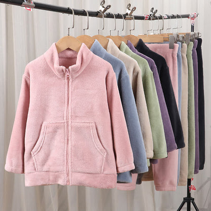 Ensemble pyjama chaud pour enfant, de couleur unie et avec fermeture éclair - image 1