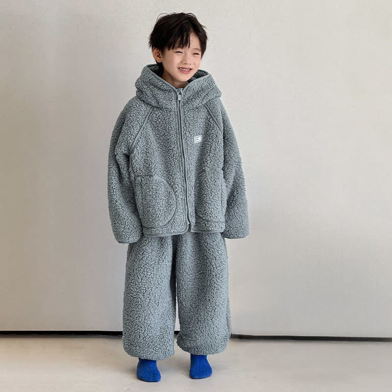 Ensemble de vêtements d'intérieur pour enfants, couleur unie, avec capuche et fermeture éclair. - Bleu - Enfant : 170 cm - image 0