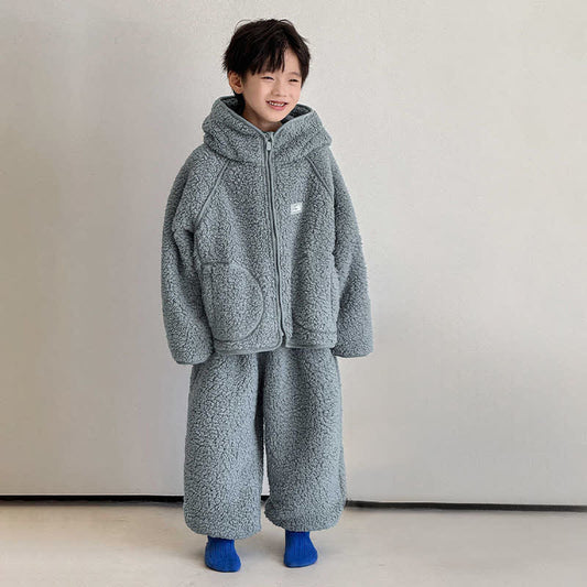 Ensemble de vêtements d'intérieur pour enfants, couleur unie, avec capuche et fermeture éclair. - Bleu - Enfant : 170 cm - image 0