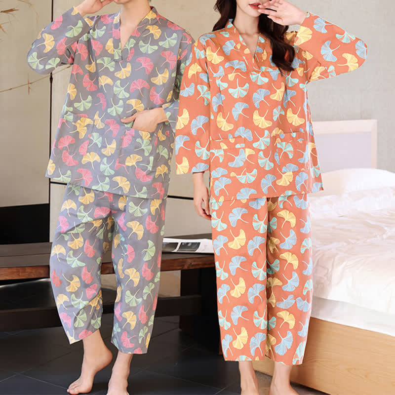 Ensemble sauna et vêtements d'intérieur en coton à motif de feuilles de ginkgo - image 0