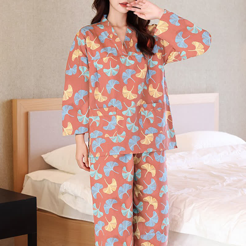 Ensemble sauna et vêtements d'intérieur en coton à motif de feuilles de ginkgo - Orange (Femmes) - 6XL - image 1