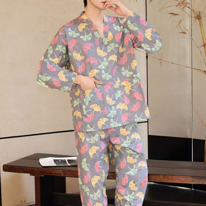Ensemble sauna et vêtements d'intérieur en coton à motif de feuilles de ginkgo - Gris (hommes) - 6XL - image 2