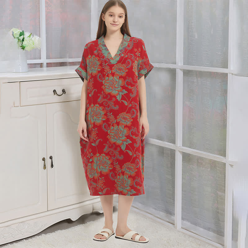 Chemise de nuit en gaze de coton double épaisseur à motif floral - Rouge - XL - image 0