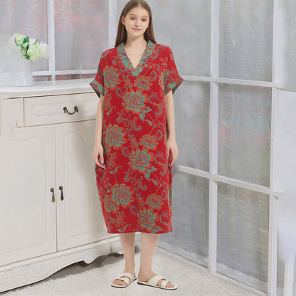 Chemise de nuit en gaze de coton double épaisseur à motif floral - Rouge - XL - image 0