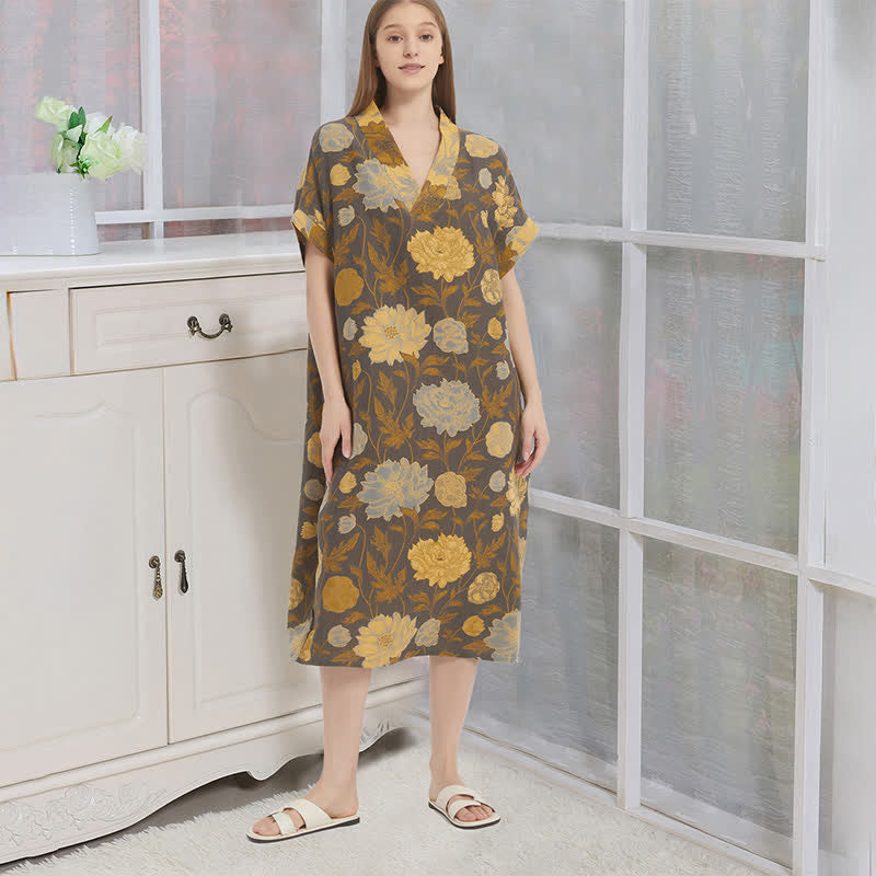 Chemise de nuit vintage à motif jacquard pivoine et col en V - Gris et jaune - XL - image 0