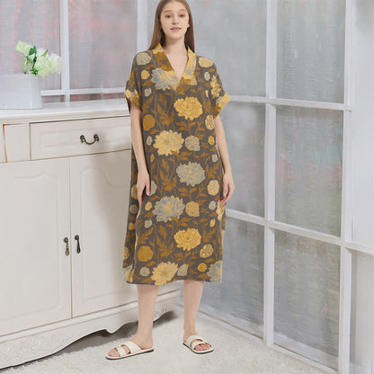 Chemise de nuit vintage à motif jacquard pivoine et col en V - Gris et jaune - XL - image 0