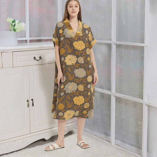Chemise de nuit vintage à motif jacquard pivoine et col en V - Gris et jaune - XL - image 0