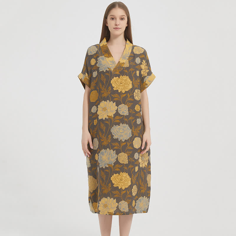 Chemise de nuit vintage à motif jacquard pivoine et col en V - image 1
