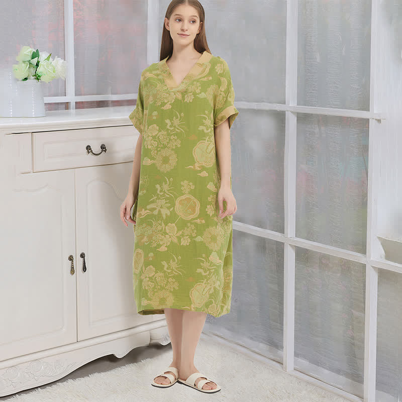 Chemise de nuit caftan en double gaze de coton à motifs floraux - Vert - XL - image 0