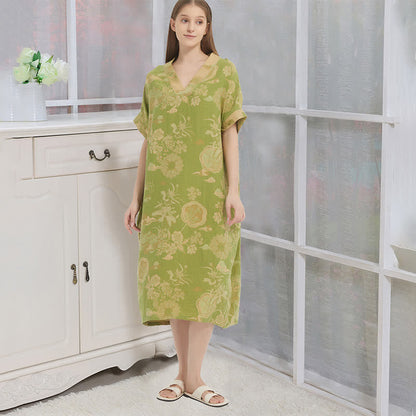 Chemise de nuit caftan en double gaze de coton à motifs floraux - Vert - XL - image 0