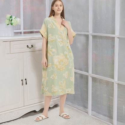 Chemise de nuit jacquard en gaze double épaisseur à motif floral - Vert - XL - image 4