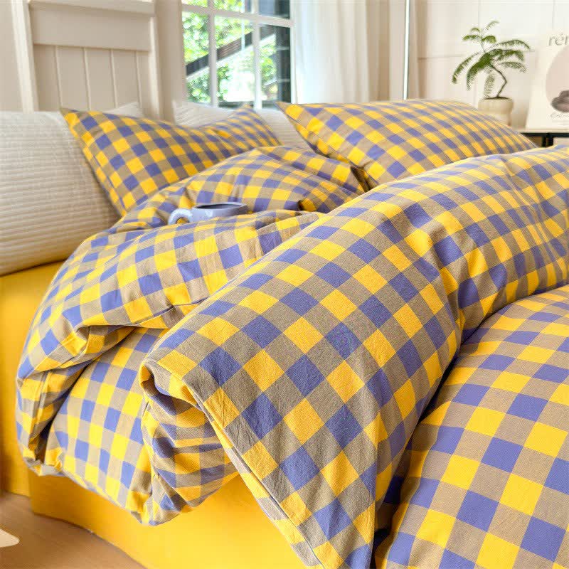 Ensemble de literie en pur coton à motifs à carreaux - Violet et jaune - ensemble de literie - 220 cm x 240 cm - image 7