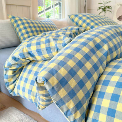 Ensemble de literie en pur coton à motifs à carreaux - Bleu et jaune - ensemble de literie - 220 cm x 240 cm - image 0