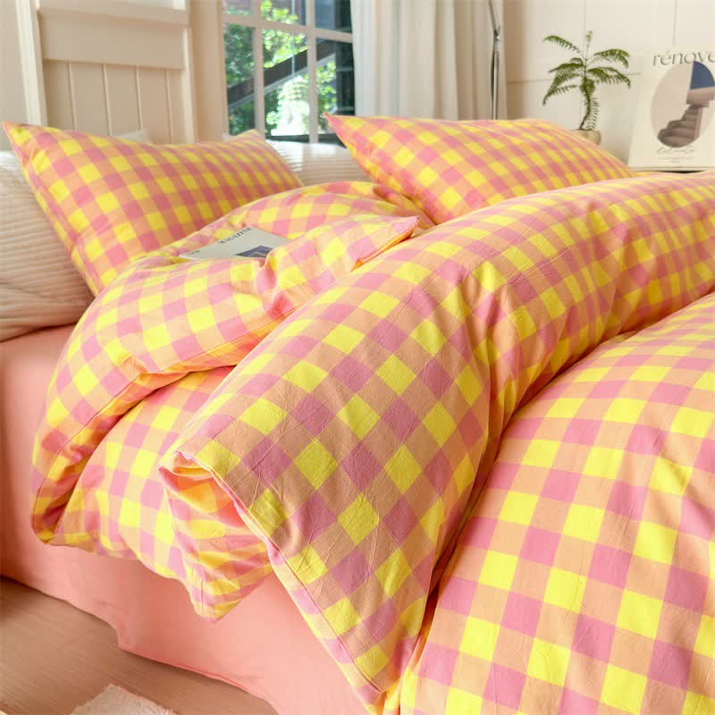 Ensemble de literie en pur coton à motifs à carreaux - Rose et jaune - ensemble de literie - 220 cm x 240 cm - image 9