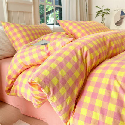 Ensemble de literie en pur coton à motifs à carreaux - Rose et jaune - ensemble de literie - 220 cm x 240 cm - image 9