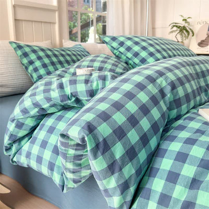 Ensemble de literie en pur coton à motifs à carreaux - Bleu et vert - ensemble de literie - 220 cm x 240 cm - image 6