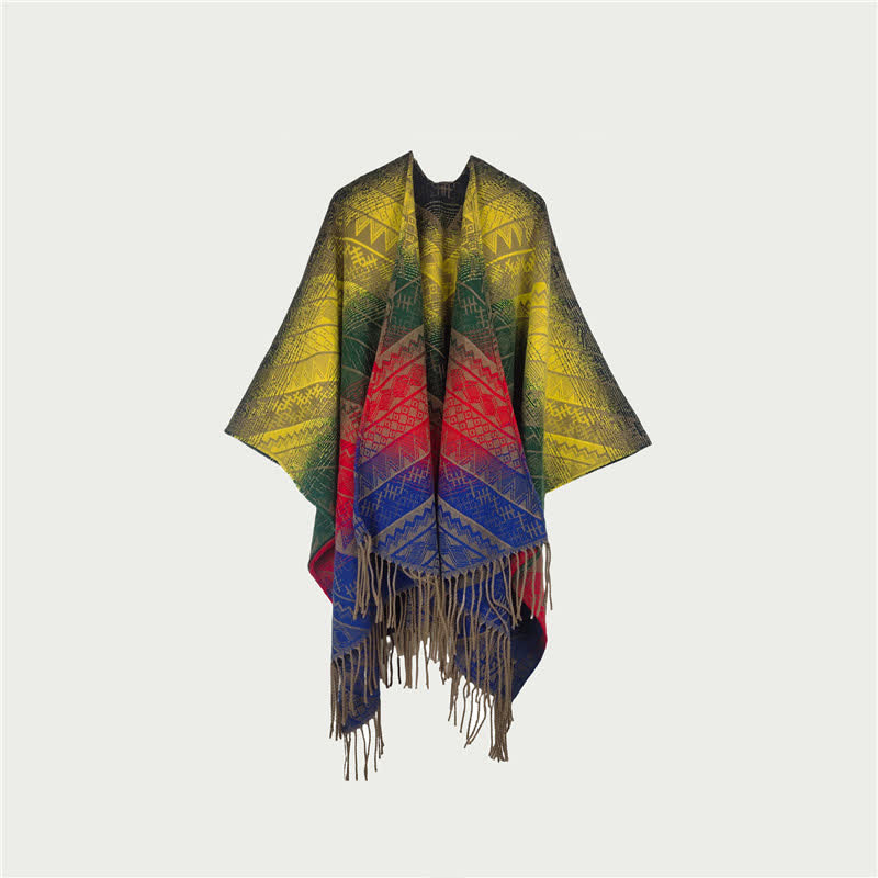 Écharpe/couverture vintage à dégradé de couleurs et franges géométriques - jaune gingembre - 150 cm x 120 cm - image 1
