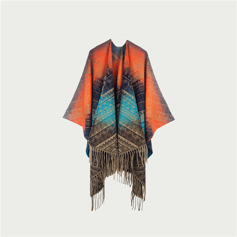 Écharpe/couverture vintage à dégradé de couleurs et franges géométriques - Orange - 150 cm x 120 cm - image 0
