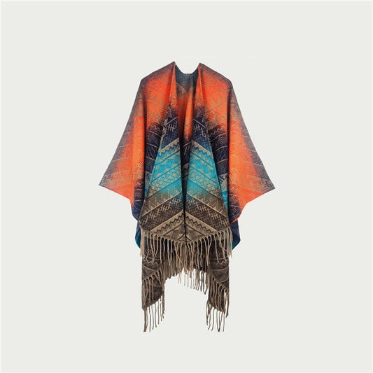 Écharpe/couverture vintage à dégradé de couleurs et franges géométriques - Orange - 150 cm x 120 cm - image 0